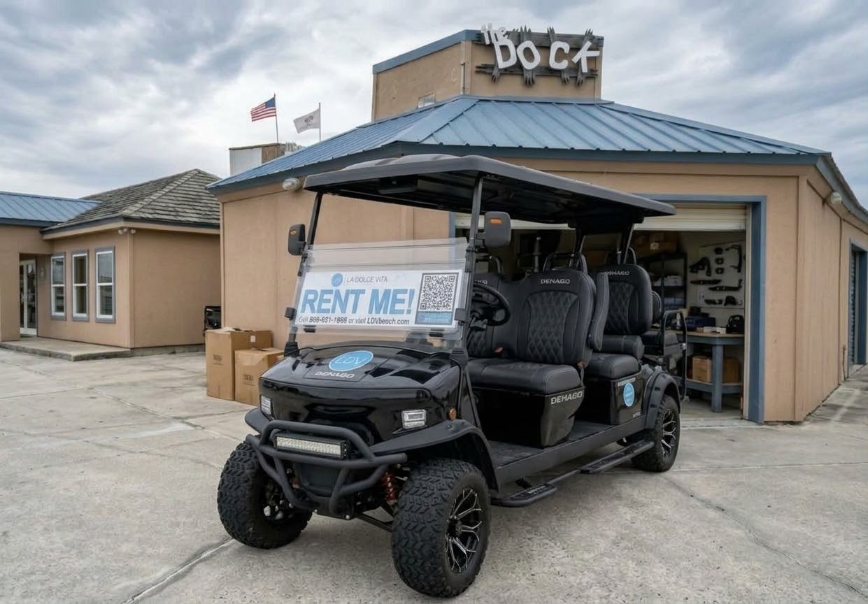 La Dolce Vita golf cart parked at The Dock at Casino Beach
